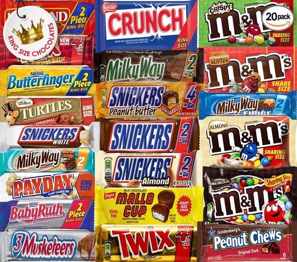 Various king size and sharing size chocolate bars and candies.