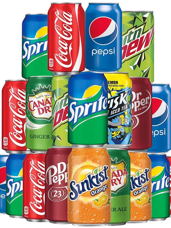 A pyramid of assorted soda cans including Coca-Cola, Pepsi, Sprite, and more.