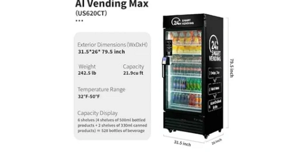 AI Vending Max machine with smart 24-hour vending and detailed specs.