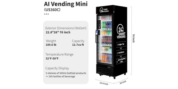 AI Vending Mini with 24"x26"x76" dimensions and 12.7 cu ft capacity.