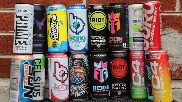 Variety of energy drink cans lined up against a brick wall.