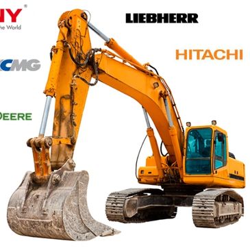 Orange excavator surrounded by various heavy machinery brand logos.