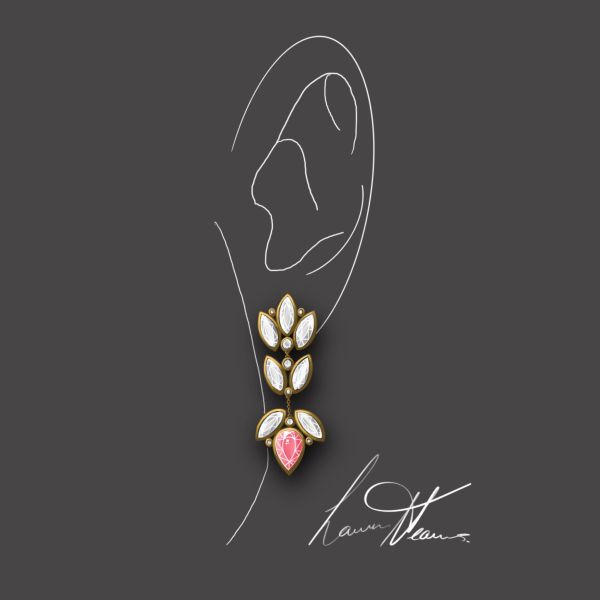 Elegant gold and gemstone earring with white and pink stones.