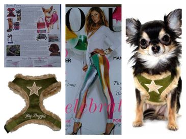 Vogue magazine features Santa Paws. Trendy Olive Faux Suede and Faux Fur Dog Harness UK.