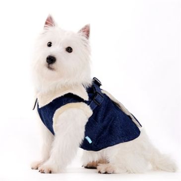 Denim dog harness coat for dogs with faux fur inside and clip and velcro fastening.