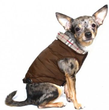 Quilted Reversible Brown reversible Plaid dog coat from size XS to Big Dog. Cut to perfection!