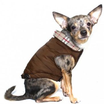 Quilted Reversible Brown reversible Plaid dog coat from size XS to Big Dog.