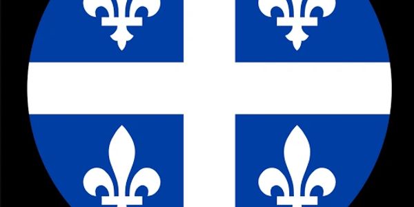Drapeau bleu avec croix blanche et fleurs de lys blanches.