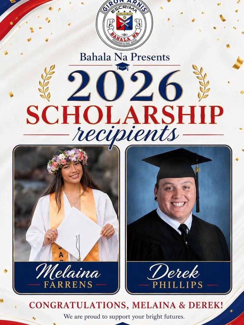 2026 scholarship recipients Melaina Farrens and Derek Phillips celebrated by Bahala Na.