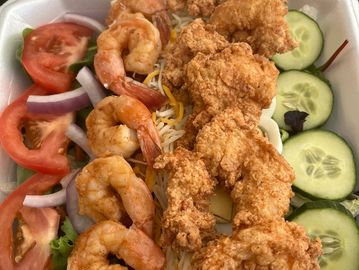Seafood Salad with Fried Shrimp and Fried Catfish