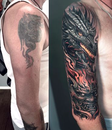 Vorher-nachher-Tattoo mit einem düsteren Drachen.