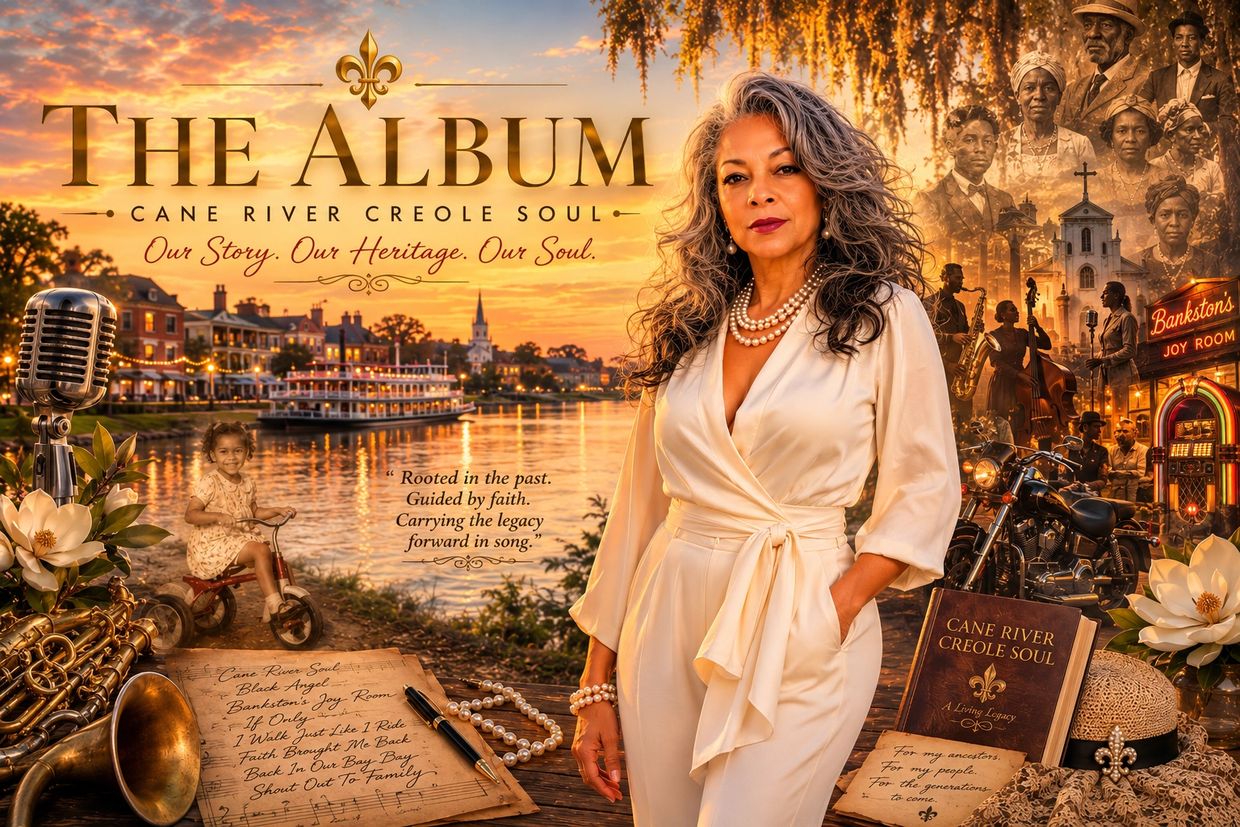 A confident woman stands in a soulful, musical tribute to Cane River Creole heritage at sunset.