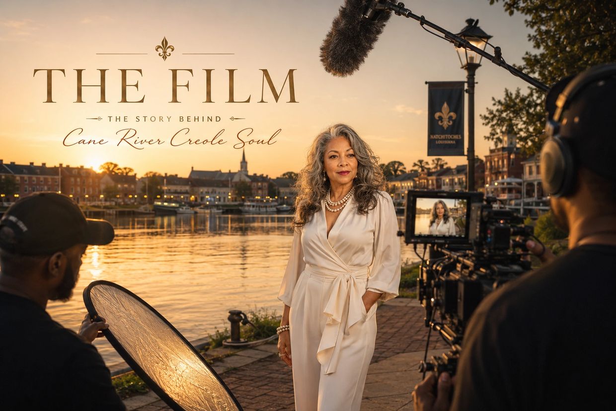 Film crew shoots a documentary by the river at sunset.