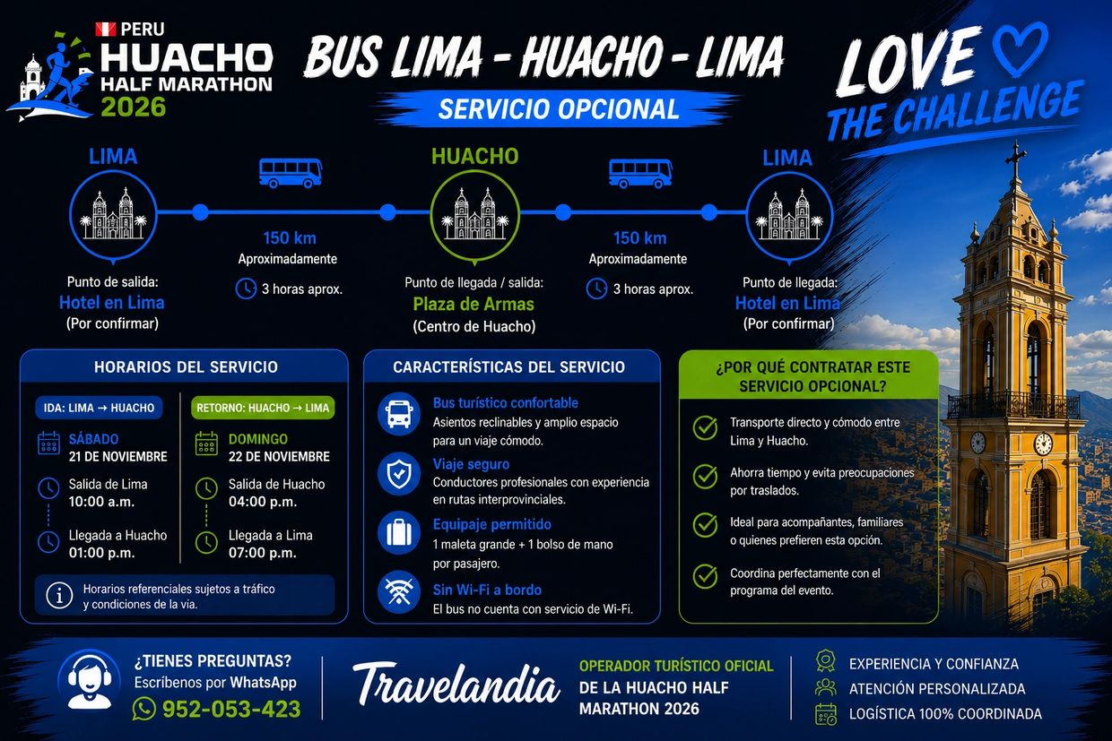 Bus service from Lima to Huacho and back for the Huacho Half Marathon 2026.