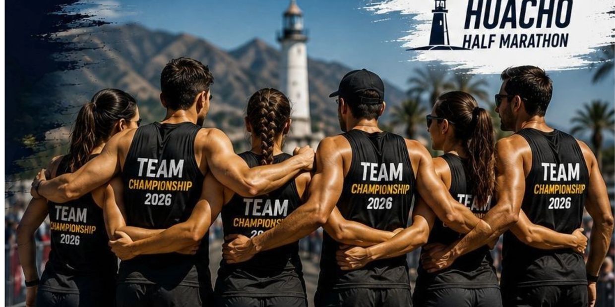 A team of runners with arms around each other wearing 'Team Championship 2026' shirts.