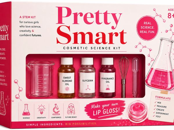 Pretty Smart cosmetic science kit for making lip gloss with oils and tools.