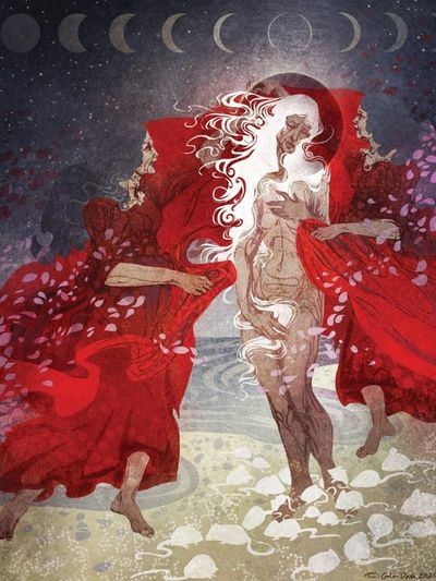 Three ethereal figures with flowing red robes and a white-haired central figure under moon phases. S
