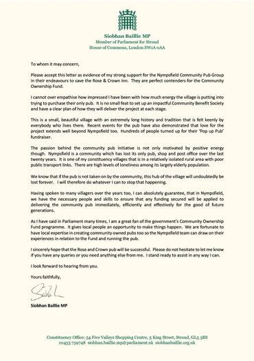 Letter from MP Siobhan Baillie supporting Nympsfield Community Pub Group's efforts.
