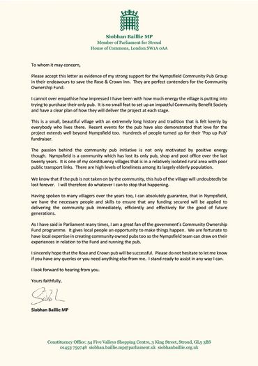 Letter from Siobhan Baillie MP supporting Nympsfield Community Pub Group.