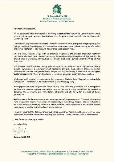 Letter from Siobhan Baillie MP supporting Nympsfield Community Pub Group.