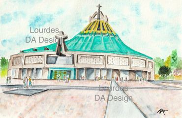 Watercolor painting of a unique church with a large dome and crosses.