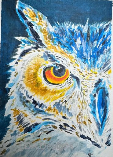 Close-up painting of a colorful owl's face with vivid blue and orange hues.