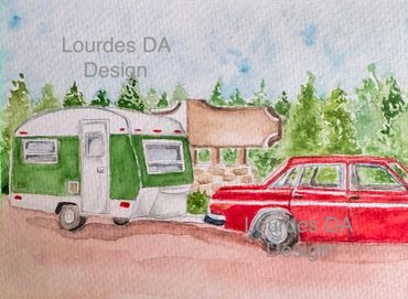 Watercolor painting of a red car towing a green and white camper in a forest setting.