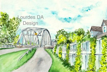 Watercolor painting of a bridge and greenery under a blue sky.