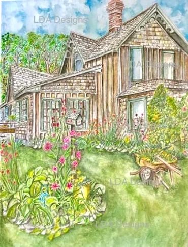 A charming rustic wooden house surrounded by a lush garden with colorful flowers and greenery.