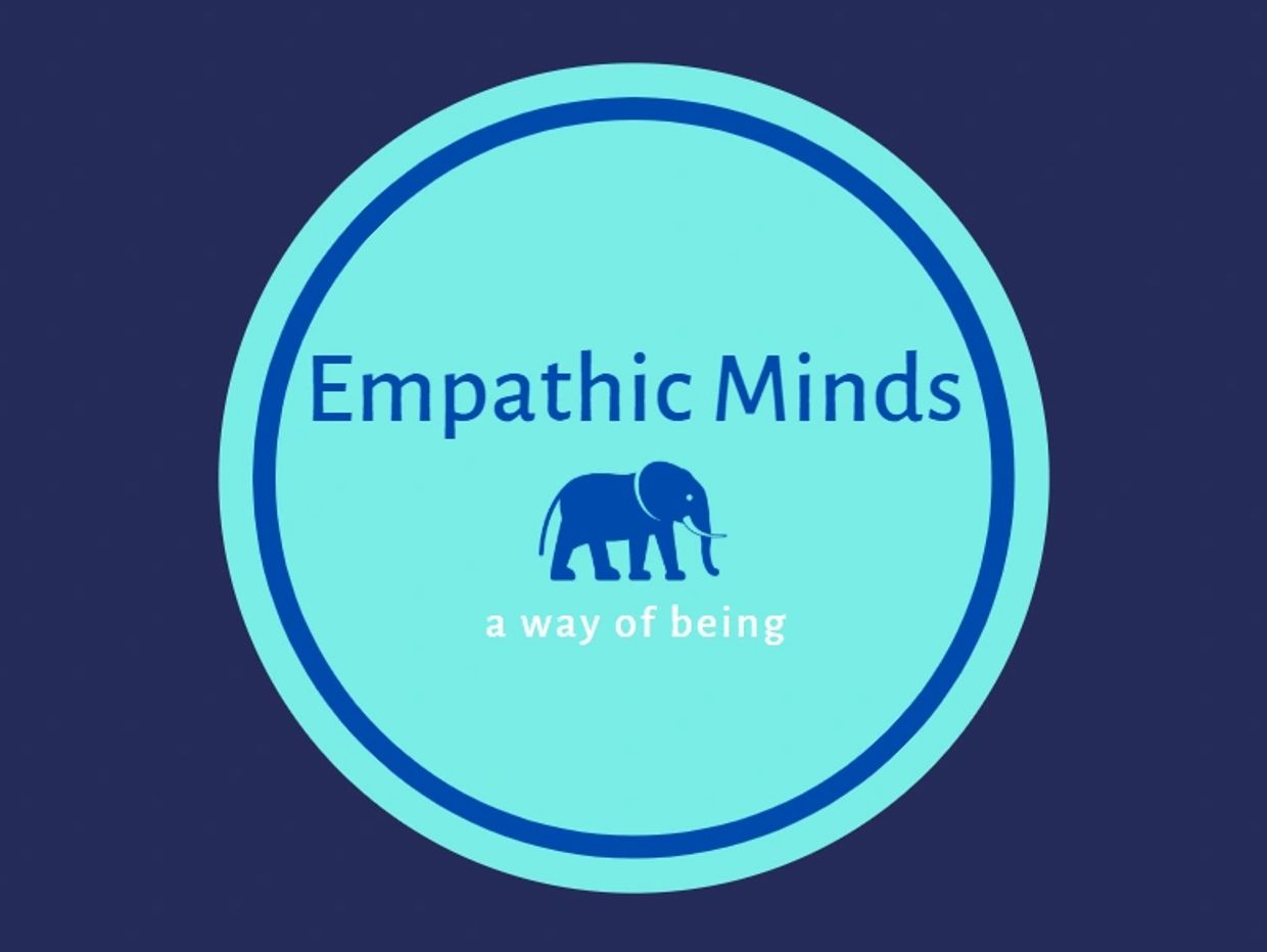 Logo with the text 'Empathic Minds' and an elephant icon on a blue circular background.