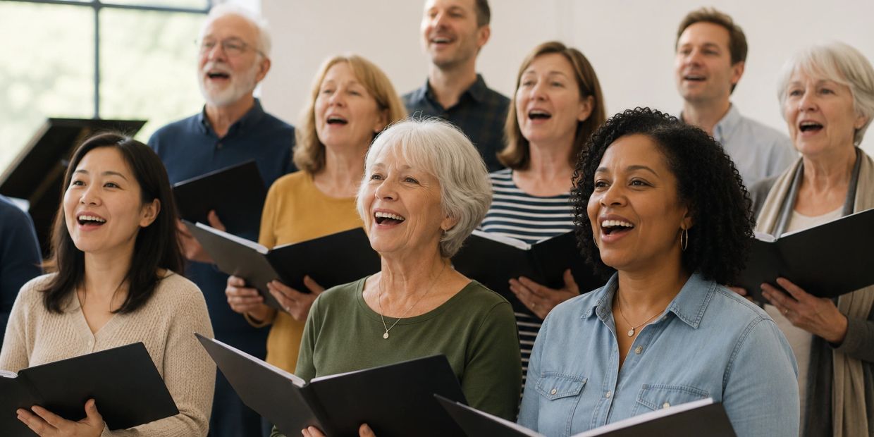 Diverse group singing together with music books.
