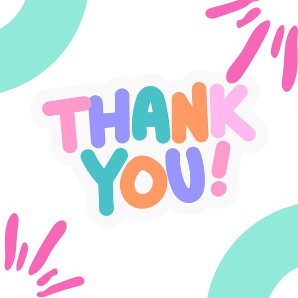 Colorful thank you message with decorative shapes.