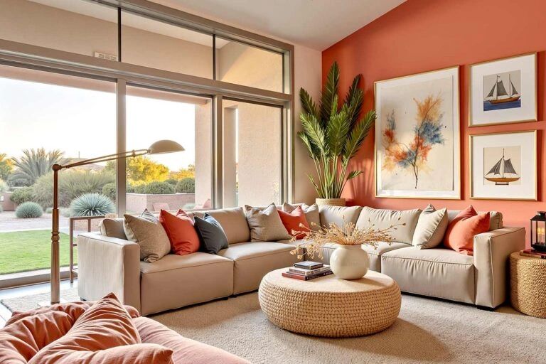 Cozy living room with coral walls, beige sectional sofa, and large windows overlooking a garden.