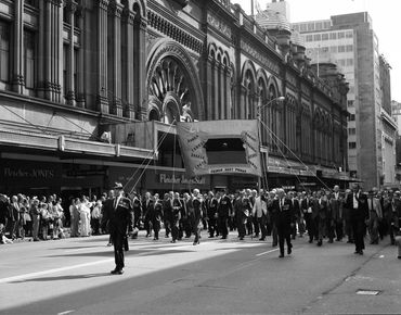 Anzac Day 1974, George St, Sydney. The 2/1st Bn march past Queen Victoria Building