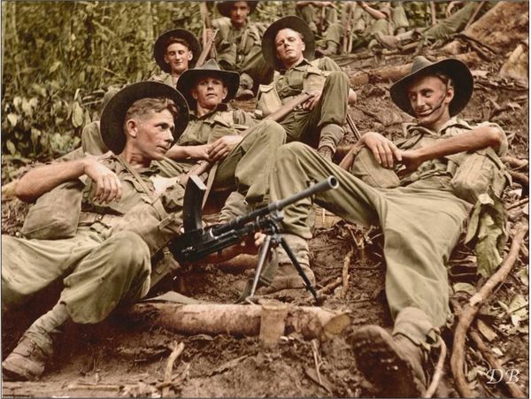 Aitape, New Guinea 1945, the 'Golden Stairway' 2/1 Bn group with Norman Carter bottom left.