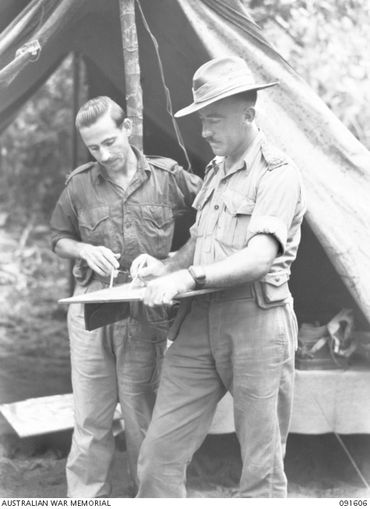 KARAWOP, NEW GUINEA. 1945-05-05. MAJOR B.W.T. CATTERNS, & CAPT. J.C. BURRELL.  AWM 091606