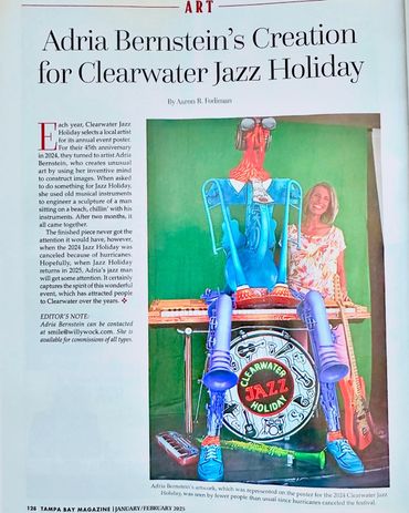 Adria Bernstein with her vibrant sculpture for Clearwater Jazz Holiday 2024.