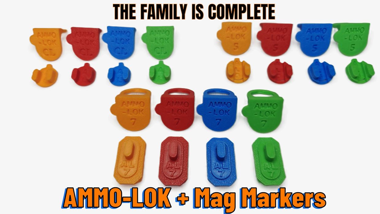 Colorful AMMO-LOK magazine markers with text "The Family is Complete."