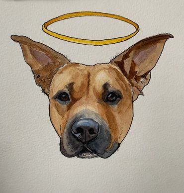 Sweet pit bull with halo in a painting