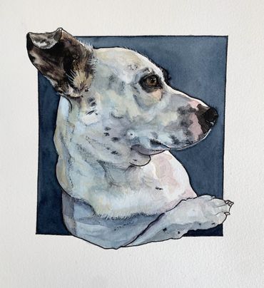 Dalmatian mix in deep thought in a painting