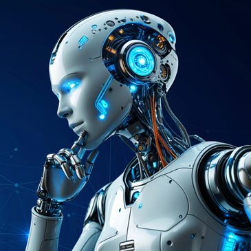 A futuristic robot in deep thought with glowing blue lights on its body.