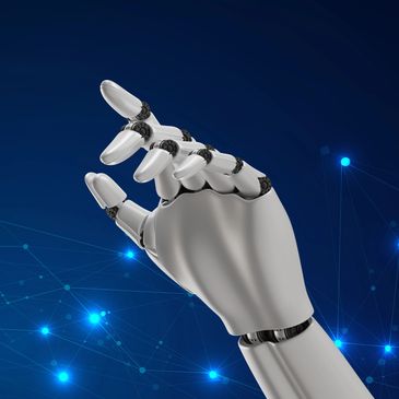 A robotic hand reaching out with a digital network background.