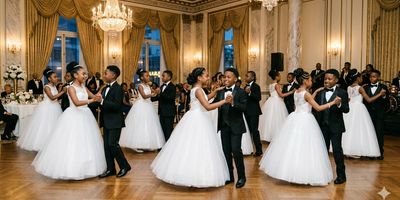 Young couples in formal attire dancing in an elegant ballroom.