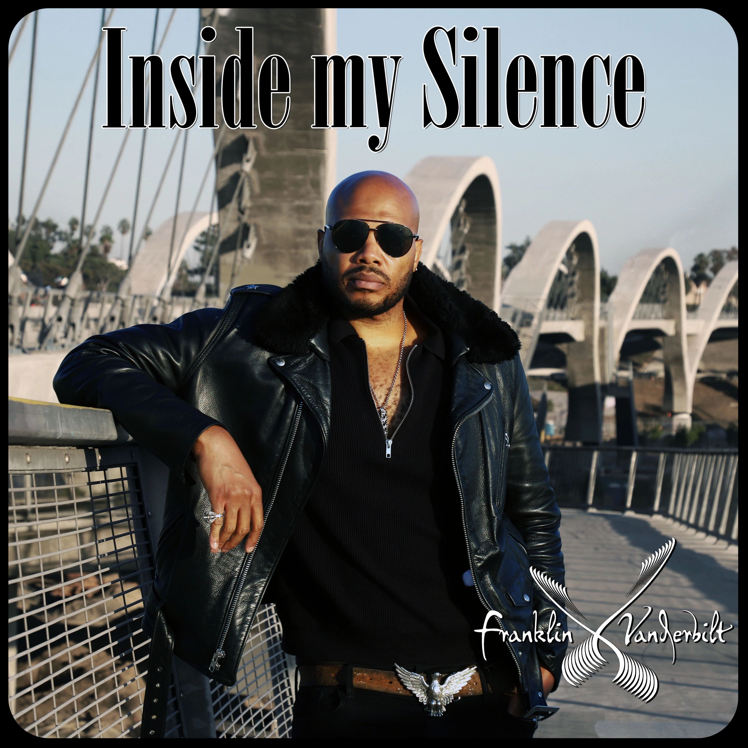 Man in leather jacket and sunglasses on a bridge with text 'Inside my Silence'.
