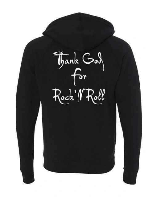 Black hoodie with "Thank God for Rock'N Roll" text on the back.