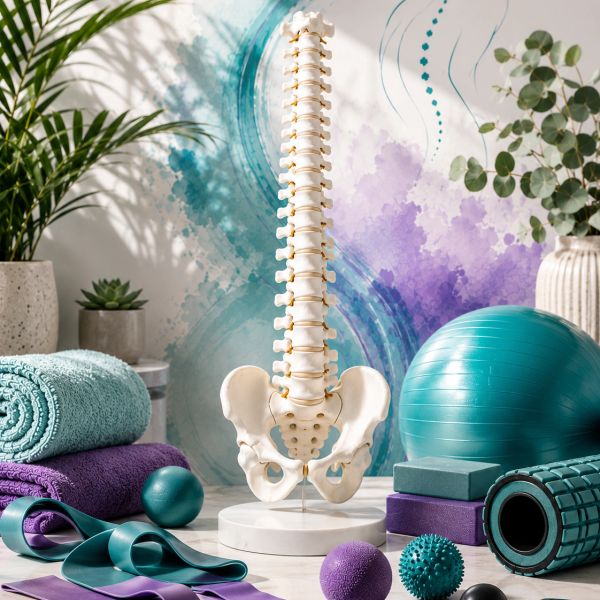 Spine model with exercise equipment and colorful towels.