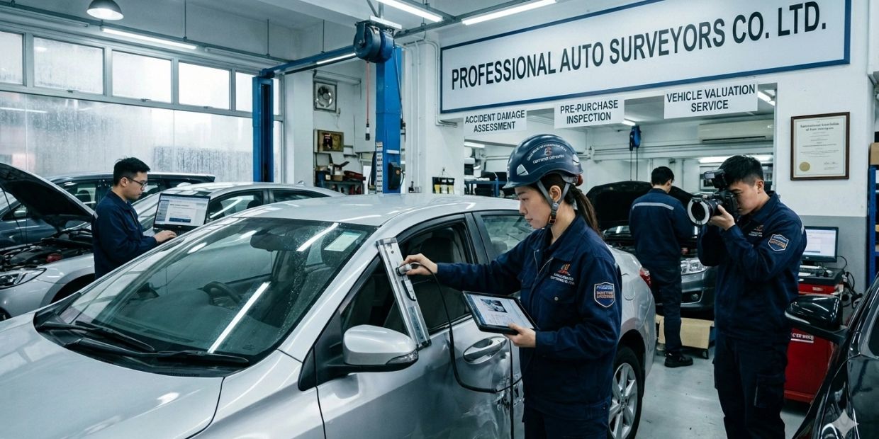 Technicians inspecting a car at Professional Auto Surveyors Co. Ltd.