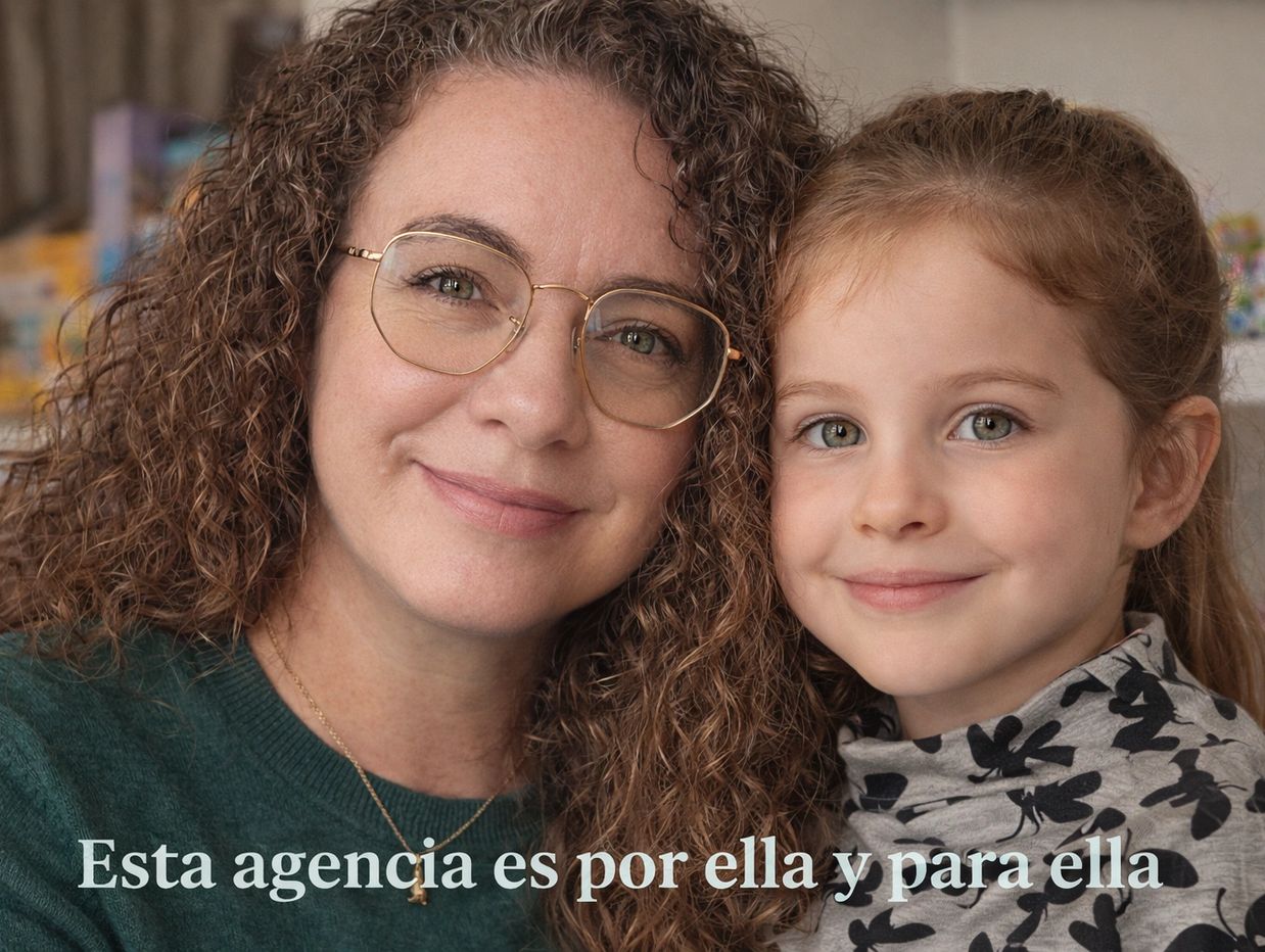 Una mujer y una niña sonríen juntas con texto en español.