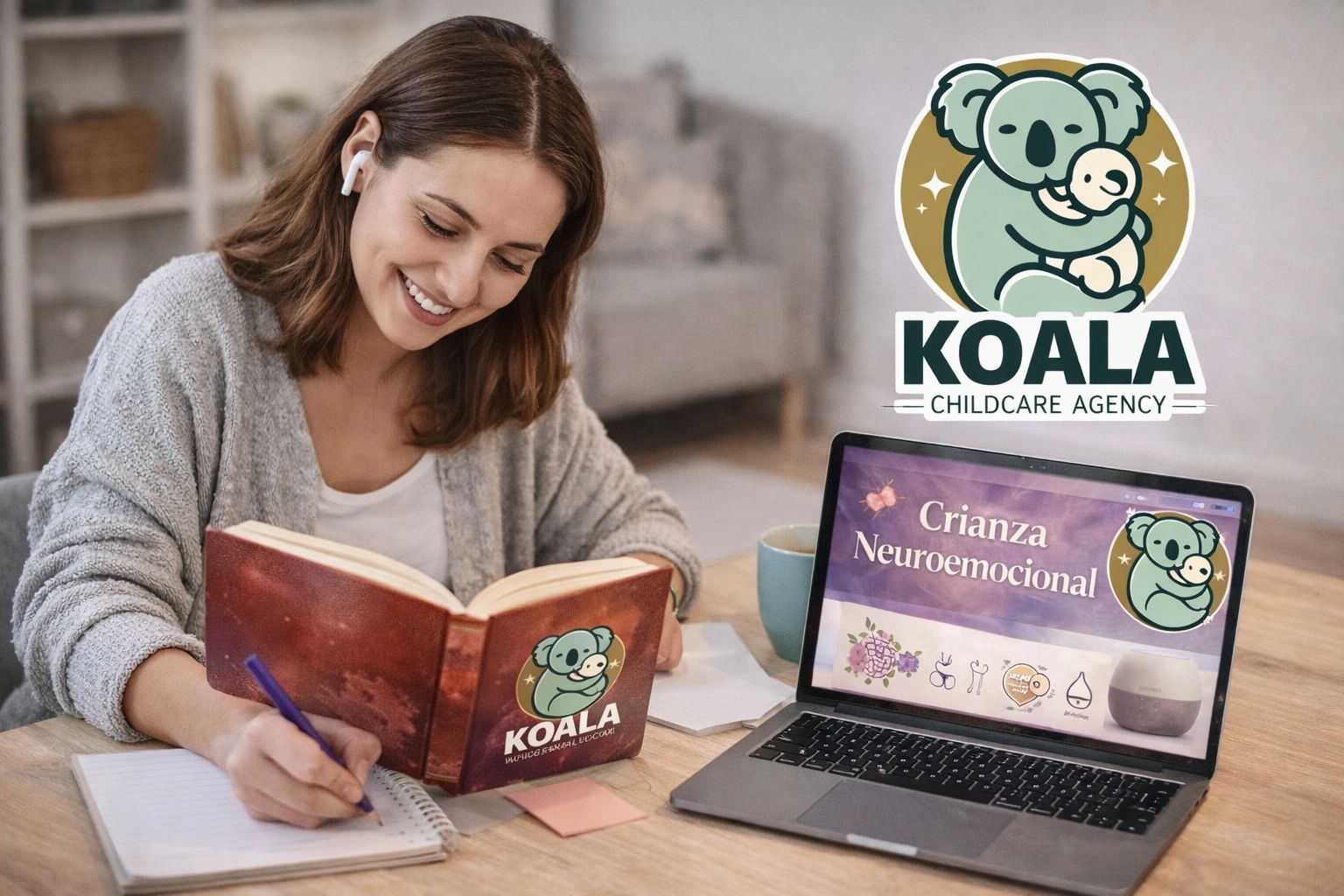 Smiling woman studying with Koala Childcare Agency materials and a laptop.