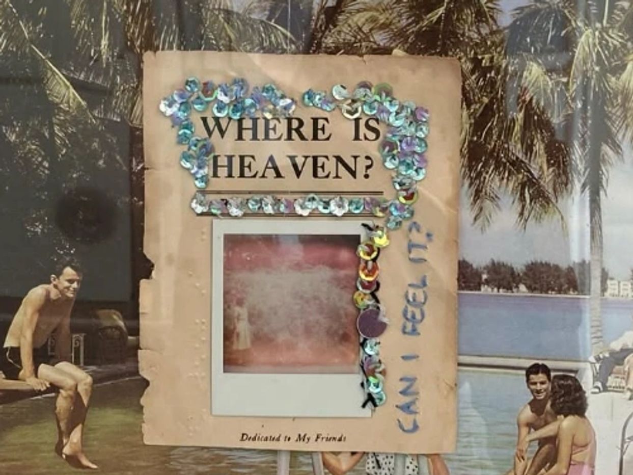 A vintage photo with a decorated question: "Where is Heaven?" by a poolside.